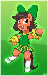 Size: 1500x2392 | Tagged: safe, artist:heretichesh, imported from derpibooru, oc, oc only, oc:robertapuddin, earth pony, pony, bipedal, bow, cheerleader, cheerleader outfit, clothes, female, hair bow, mare, pom pom, signature, socks, solo