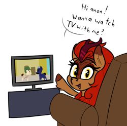Size: 674x670 | Tagged: safe, artist:seafooddinner, imported from derpibooru, oc, oc:chipotle spice, kirin, couch, el chavo del 8, implied anon, looking at you, raised hoof, simple background, solo, television, waving, waving at you