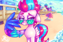 Size: 3600x2400 | Tagged: safe, artist:mannybcadavera, imported from derpibooru, zipp storm, pegasus, pony, beach, colored wings, female, floppy ears, g5, glasses, high res, lidded eyes, looking at you, mare, multicolored wings, one wing out, signature, smiling, smiling at you, solo, sunglasses, wing hands, wings