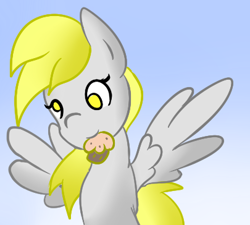 Size: 405x364 | Tagged: safe, artist:phillnana, imported from derpibooru, derpy hooves, pegasus, pony, female, food, mare, mouth hold, muffin, solo, spread wings, wings