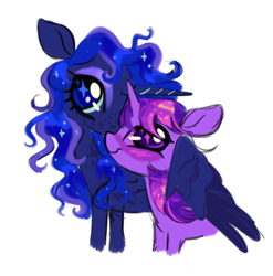 Size: 1171x1186 | Tagged: safe, artist:webkinzworldz, imported from derpibooru, princess luna, twilight sparkle, alicorn, pony, unicorn, alternate hairstyle, blushing, duo, female, hug, lesbian, shipping, simple background, twiluna, white background, winghug, wings