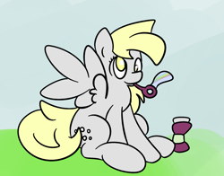Size: 1058x830 | Tagged: safe, artist:phillnana, imported from derpibooru, derpy hooves, pegasus, pony, blowing bubbles, bubble, female, grass, mare, solo