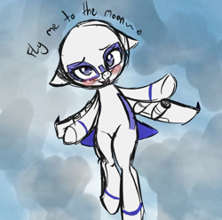 Size: 558x554 | Tagged: artist needed, safe, imported from derpibooru, oc, oc only, oc:air liner, original species, plane pony, blue background, blue eyes, blushing, boeing 777, embarrassed, female, floppy ears, fly me to the moon, flying, hug request, looking at you, open mouth, plane, shy, shy smile, simple background, smiling, solo, song reference, spread hooves, talking to viewer, underhoof