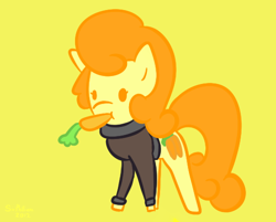 Size: 526x423 | Tagged: safe, artist:phillnana, imported from derpibooru, carrot top, golden harvest, pony, carrot, chibi, clothes, female, food, mare, mouth hold, shirt, simple background, solo
