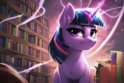 Size: 3072x2048 | Tagged: safe, editor:montaraz13, imported from derpibooru, prompter:montaraz13, twilight sparkle, pony, unicorn, abstract background, ai content, ai generated, bookshelf, chest fluff, ear fluff, female, generator:novelai, generator:stable diffusion, glowing, glowing horn, horn, librarian, library, looking at you, magic, pile of books, smiling, smiling at you, solo, space, space background