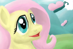 Size: 3000x2000 | Tagged: safe, artist:jimthecactus, imported from derpibooru, fluttershy, butterfly, pegasus, pony, bust, female, looking at something, looking up, mare, open mouth, open smile, smiling, solo