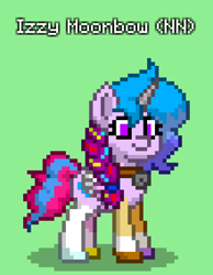 Size: 660x852 | Tagged: safe, imported from derpibooru, izzy moonbow, pony, unicorn, pony town, spoiler:g5, spoiler:my little pony: tell your tale, spoiler:tyts01e30, amalgamation, badge, clothes, costume, fake wings, g5, green background, implied hitch trailblazer, implied pipp petals, implied sunny starscout, implied zipp storm, multi-parts, my little pony: tell your tale, nightmare night, nightmare night costume, nightmare night party, simple background, solo