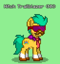 Size: 756x816 | Tagged: safe, imported from derpibooru, hitch trailblazer, earth pony, pony, pony town, spoiler:g5, spoiler:my little pony: tell your tale, spoiler:tyts01e30, clothes, costume, facial hair, g5, glasses, green background, male, moustache, my little pony: tell your tale, necktie, nightmare night, nightmare night costume, nightmare night party, simple background, solo, stallion