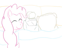 Size: 650x512 | Tagged: safe, artist:jimthecactus, imported from derpibooru, madame leflour, pinkie pie, rocky, earth pony, pony, bed, blanket, cargo ship, eyes closed, female, flour, in bed, mare, overhead view, rock, shipping, simple background, sketch, smiling, white background