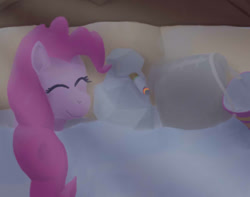Size: 650x512 | Tagged: safe, artist:jimthecactus, imported from derpibooru, madame leflour, pinkie pie, rocky, earth pony, pony, bed, blanket, cargo ship, cigarette, eyes closed, female, flour, in bed, mare, overhead view, rock, shipping, smiling
