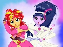 Size: 1024x768 | Tagged: safe, artist:danieruhuli, imported from derpibooru, sunset shimmer, twilight sparkle, human, equestria girls, :o, alternate hairstyle, clothes, cosplay, costume, gloves, long gloves, open mouth, pretty cure, transformation