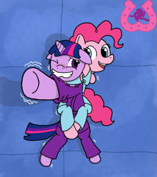 Size: 823x926 | Tagged: safe, artist:author92, imported from derpibooru, pinkie pie, twilight sparkle, pony, chokehold, clothed ponies, clothes, floppy ears, gi, leg lock, martial arts, one eye closed, rear naked choke, smiling