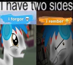 Size: 750x673 | Tagged: safe, imported from derpibooru, oc, oc only, oc:the living tombstone, earth pony, pony, caption, headphones, i have two sides, image macro, male, meme, september, stallion, text