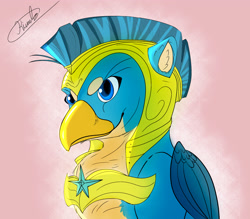 Size: 3210x2810 | Tagged: safe, artist:kiumba, imported from derpibooru, gallus, griffon, the last problem, armor, beak, feather, folded wings, high res, male, royal guard, royal guard armor, royal guard gallus, signature, smiling, smirk, solo, wings