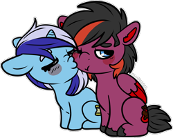 Size: 1358x1084 | Tagged: safe, artist:sexygoatgod, imported from derpibooru, minuette, oc, oc:guilty luck, hybrid, pegasus, pony, unicorn, blushing, canon x oc, cheek kiss, chibi, duo, female, kissing, male