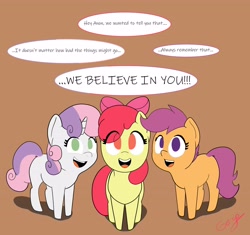 Size: 4096x3846 | Tagged: safe, artist:realgero, imported from derpibooru, apple bloom, scootaloo, sweetie belle, earth pony, pegasus, pony, unicorn, blank flank, cutie mark crusaders, female, filly, foal, horn, open mouth, signature, simple background, speech bubble, talking, talking to viewer, wingless