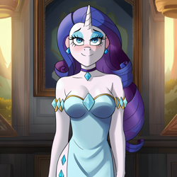 Size: 1728x1728 | Tagged: safe, imported from derpibooru, rarity, anthro, ai assisted, ai content, ambiguous facial structure, bracelet, choker, clothes, dress, female, indoors, jewelry, long hair, necklace, prompter:saphkey, solo