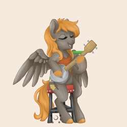 Size: 1000x1000 | Tagged: safe, artist:some.dumb.crumb, imported from derpibooru, oc, oc only, oc:golden oak, pegasus, pony, banjo, eyes closed, female, mare, musical instrument, singing, solo