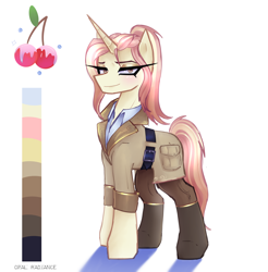 Size: 2800x2840 | Tagged: safe, artist:opal_radiance, imported from derpibooru, oc, oc only, unnamed oc, pony, unicorn, adoptable, clothes, eyebrows, female, high res, horn, lidded eyes, looking at you, mare, shadow, signature, simple background, smiling, smiling at you, solo, unicorn oc, white background
