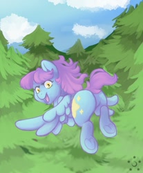 Size: 1058x1280 | Tagged: safe, artist:some.dumb.crumb, imported from derpibooru, oc, oc only, oc:star shine, pegasus, pony, blue sky, butt, female, forest background, looking at you, looking back, looking back at you, mare, plot, running, solo