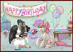 Size: 1000x712 | Tagged: safe, artist:some.dumb.crumb, imported from derpibooru, oc, oc only, oc:dante, oc:intrepid, griffon, unicorn, balloon, birthday, cake, eating, food, male, present, stallion, tongue out