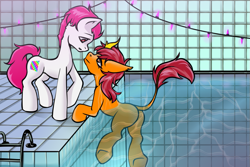 Size: 885x590 | Tagged: safe, artist:leastways, imported from derpibooru, oc, oc only, oc:fire lily, oc:fluid moves, earth pony, kirin, female, male, mare, shipping, stallion, swimming, swimming pool, water