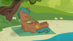 Size: 7680x4321 | Tagged: safe, artist:cloudshadezer0, artist:lahirien, artist:xwhitedreamsx, imported from derpibooru, oc, oc only, oc:gadget (lahirien), pony, unicorn, .ai available, absurd resolution, beach, drink, eyes closed, flower, lying down, sand, solo, towel, tree, vector, water