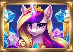 Size: 3398x2426 | Tagged: safe, editor:montaraz13, imported from derpibooru, prompter:montaraz13, princess cadance, alicorn, pony, ai content, ai generated, bust, crystal, crystallized, ear fluff, female, frame, framed picture, generator:novelai, generator:stable diffusion, horn, horn crystals, lidded eyes, looking at you, portrait, princess of love, smiling, smiling at you, solo