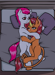 Size: 1590x2157 | Tagged: safe, artist:leastways, imported from derpibooru, oc, oc only, oc:fire lily, oc:fluid moves, earth pony, kirin, bed, bedroom, female, hug, male, mare, shipping, stallion