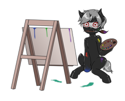 Size: 2220x1795 | Tagged: safe, artist:leastways, imported from derpibooru, oc, oc only, oc:pustka, unicorn, artist, blindfold, easel, mess, messy, paint, paintbrush, painting, simple background, solo, transparent background