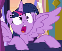 Size: 1141x940 | Tagged: safe, imported from derpibooru, screencap, twilight sparkle, alicorn, pony, a health of information, season 7, bed, cropped, cute, female, gasp, invisible stallion, mare, open mouth, out of context, solo, surprised, twiabetes, twilight sparkle (alicorn), wings