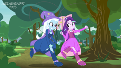 Size: 8000x4500 | Tagged: safe, artist:metalhead97, imported from derpibooru, starlight glimmer, trixie, human, equestria girls, equestria girls series, boots, cape, clothes, clothes swap, commission, cute, diatrixes, dress, duo, duo female, equestria girls interpretation, fall formal outfits, female, forest, fun, glimmerbetes, happy, hat, high heel boots, jump rope, jumping, looking at each other, looking at someone, magician, matching outfits, rope, rope jumping, scene interpretation, sequence, sequential art, shoes, show accurate, skipping rope, smiling, smiling at each other, trixie's cape, trixie's hat