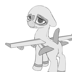 Size: 2500x2500 | Tagged: artist needed, safe, imported from derpibooru, oc, oc only, oc:air liner, original species, plane pony, depressed, digital art, female, floppy ears, grayscale, looking at you, looking back, looking back at you, mare, monochrome, plane, sad, simple background, solo, spread wings, standing, tired, white background, wings