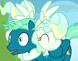 Size: 1143x906 | Tagged: safe, imported from derpibooru, screencap, sky stinger, vapor trail, pegasus, pony, season 6, top bolt, c:, cropped, cute, eyes closed, female, frown, glomp, hug, male, mare, smiling, stallion, surprised, vaporbetes, wide eyes