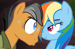 Size: 875x577 | Tagged: safe, imported from derpibooru, screencap, quibble pants, rainbow dash, earth pony, pegasus, pony, season 6, stranger than fan fiction, close-up, cropped, cute, dashabetes, eye contact, faic, female, lidded eyes, looking at each other, looking at someone, male, mare, out of context, quibblebetes, smug, smugdash, stallion, sweat, wet, wet mane