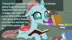 Size: 1707x961 | Tagged: safe, edit, edited screencap, imported from derpibooru, screencap, ocellus, twilight sparkle, oc, oc:littlepip, changedling, changeling, fallout equestria, school daze, book, bookbug, castle of the royal pony sisters, fallout, implied alternate universe, implied fallout equestia, implied oc:littlepip, pony reference, solo, text, text edit, that changeling sure does love books