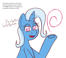 Size: 866x766 | Tagged: safe, artist:xppp1n, imported from derpibooru, trixie, unicorn, debian, female, linux, looking at you, mare, solo, text