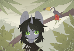 Size: 4000x2784 | Tagged: safe, artist:tostik, imported from derpibooru, bird, pony, toco toucan, toucan, unicorn, clothes, commission, daytime, disguise, disguised siren, fangs, frown, horn, jewelry, jungle, kellin quinn, male, necklace, outdoors, plant, ponified, shirt, sleeping with sirens, slit pupils, solo, stallion, t-shirt, tree, ych result