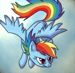 Size: 550x534 | Tagged: safe, artist:tami-kitten, imported from derpibooru, rainbow dash, pegasus, pony, female, flying, grin, mare, simple background, smiling, solo