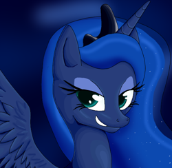 Size: 512x500 | Tagged: safe, artist:tami-kitten, imported from derpibooru, princess luna, alicorn, pony, female, grin, mare, simple background, smiling, smirk, smug, solo, spread wings, wings