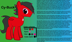 Size: 8192x4838 | Tagged: safe, artist:cardshark777, imported from derpibooru, oc, oc only, oc:cy-buck, earth pony, pony, backstory, colored, dog tags, looking at you, lore, male, one eye covered, red coat, reference sheet, smiling, stallion, stallion oc, standing, tail, text, two toned mane, two toned tail