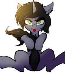 Size: 3500x4000 | Tagged: safe, artist:tatykin, imported from derpibooru, pony, unicorn, :p, commission, covering, disguise, disguised siren, ear fluff, ears back, fangs, horn, kellin quinn, lidded eyes, looking at you, male, ponified, simple background, sleeping with sirens, slit pupils, solo, stallion, tongue out, white background, ych result