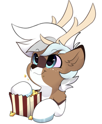 Size: 3641x4397 | Tagged: safe, artist:rileyisherehide, imported from derpibooru, oc, oc only, oc:dexter, deer, antlers, deer oc, eating, food, herbivore, male, non-pony oc, popcorn, reaction image, simple background, solo, transparent background