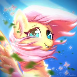 Size: 2000x2000 | Tagged: safe, artist:harukiicat, imported from derpibooru, fluttershy, butterfly, pegasus, pony, cute, female, leaves, mare, shyabetes, smiling, solo, spread wings, wind, wings