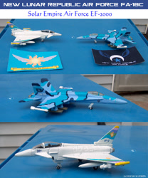 Size: 1024x1232 | Tagged: safe, artist:lonewolf3878, imported from derpibooru, aircraft, customized toy, eurofighter typhoon, f/a-18 hornet, flag, irl, jet, jet fighter, new lunar republic, photo, plane, solar empire, toy, warplane