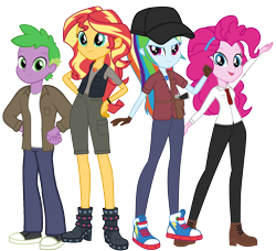 Size: 2903x2651 | Tagged: safe, artist:edy_january, artist:georgegarza01, edit, imported from derpibooru, vector edit, pinkie pie, rainbow dash, spike, sunset shimmer, human, equestria girls, boots, call of duty, call of duty zombies, call of duty: black ops 2, clothes, collaboration, converse, desert eagle, geode of empathy, geode of sugar bombs, geode of super speed, gun, handgun, hat, human spike, humanized, long pants, magical geodes, parody, pistol, shirt, shoes, shorts, simple background, survival, survivor, t-shirt, transparent background, vector, vest, victis, weapon, zombie apocalypse