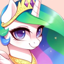 Size: 2048x2048 | Tagged: safe, editor:be.yovrsxlf_, imported from derpibooru, princess celestia, alicorn, pony, ai assisted, ai content, bust, crown, cute, female, generator:purplesmart.ai, generator:stable diffusion, horn, jewelry, looking at you, pink background, portrait, regalia, simple background, smiling, smiling at you, solo, sparkling, wings