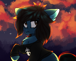 Size: 3484x2780 | Tagged: safe, artist:mint-light, imported from derpibooru, earth pony, pony, undead, zombie, zombie pony, bring me the horizon, chest fluff, clothes, commission, fangs, frown, long sleeves, male, oliver sykes, outdoors, ponified, raised hoof, shirt, sitting, sky, solo, stallion, stitches