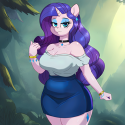 Size: 1728x1728 | Tagged: safe, imported from derpibooru, rarity, anthro, unicorn, ai assisted, ai content, bracelet, breasts, busty rarity, choker, clothes, ear piercing, earring, female, horn, jewelry, pencil skirt, piercing, prompter:saphkey, skirt, solo, standing, strapless
