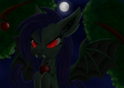 Size: 590x422 | Tagged: safe, artist:tami-kitten, imported from derpibooru, fluttershy, bat pony, angry, apple, apple tree, bat ponified, fangs, flutterbat, food, full moon, moon, night, race swap, scowl, solo, spread wings, tree, wings